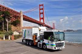 A Recology refuse truck designed by Hyzon and New Way Trucks and powered by hydrogen fuel cells