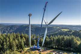 One of MSG's Liebherr LTM 1650-8.1 all terrains at work in the Black Forest