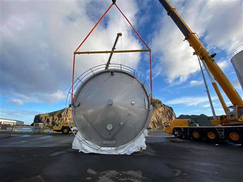 One of the tanks being prepared for the lift